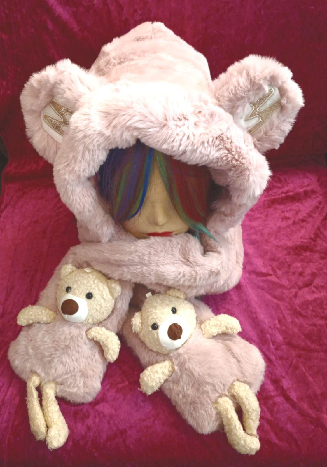 Pink Faux Fur Head With Bears