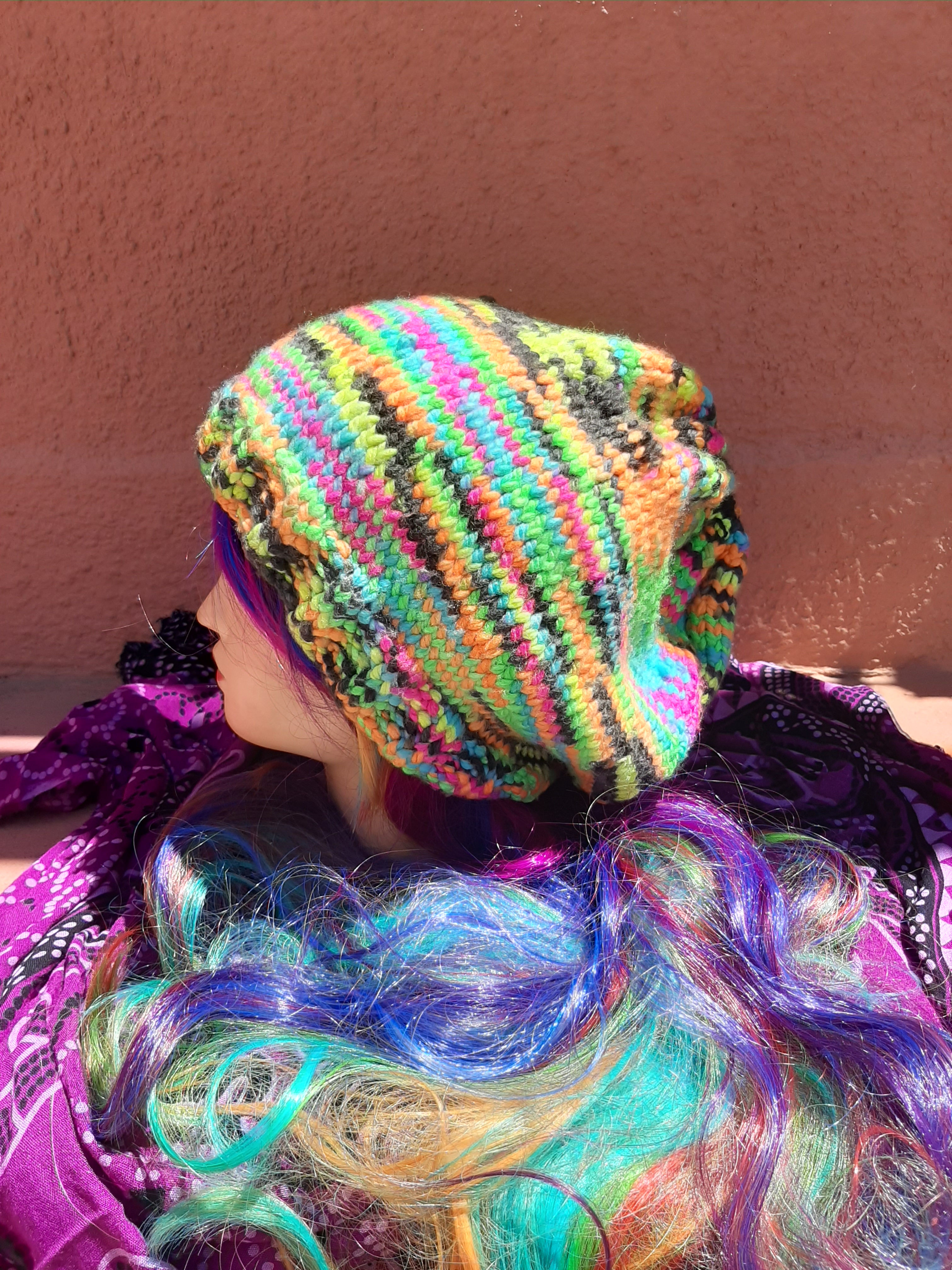 Slouch / Oversized Handmade Funky Rainbow Beanie