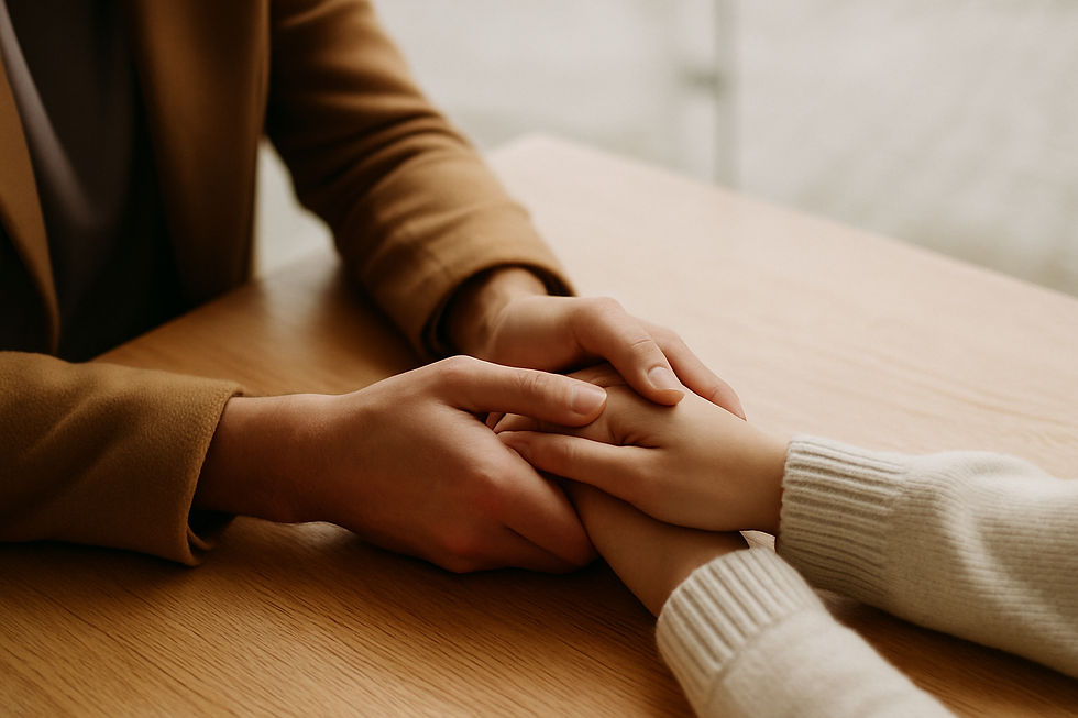 People holding hands across a table in support