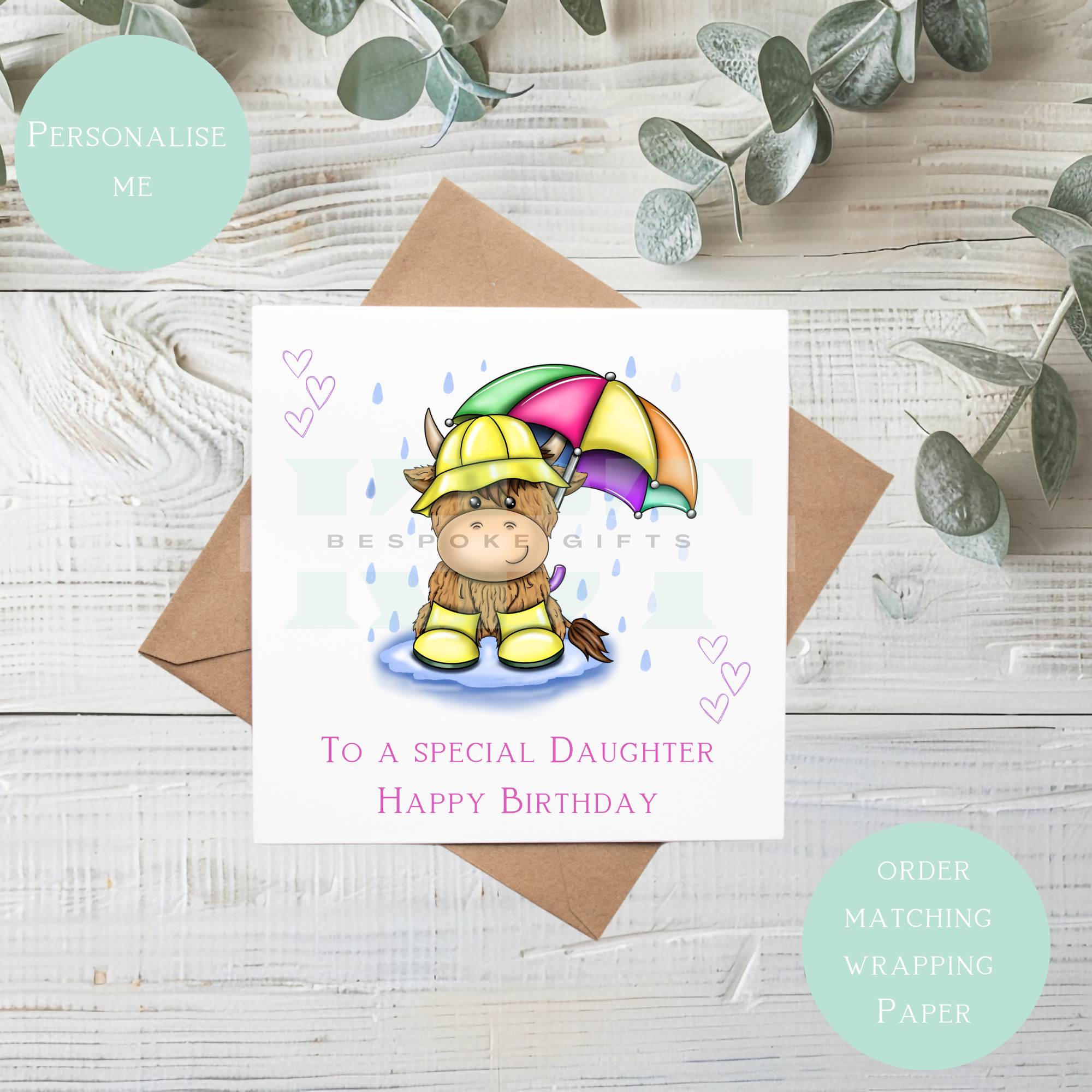 Rainy Day highland cow Birthday card
