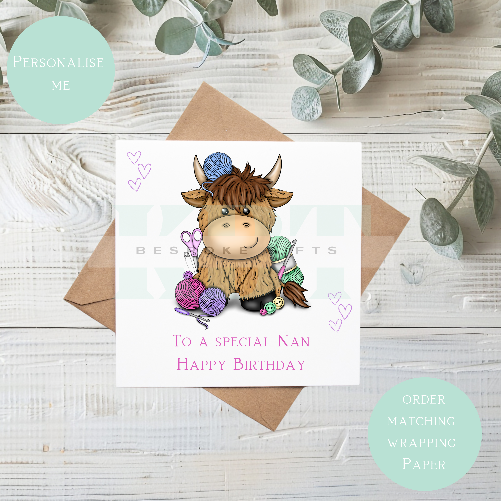 Crochet knitting highland cow Birthday card