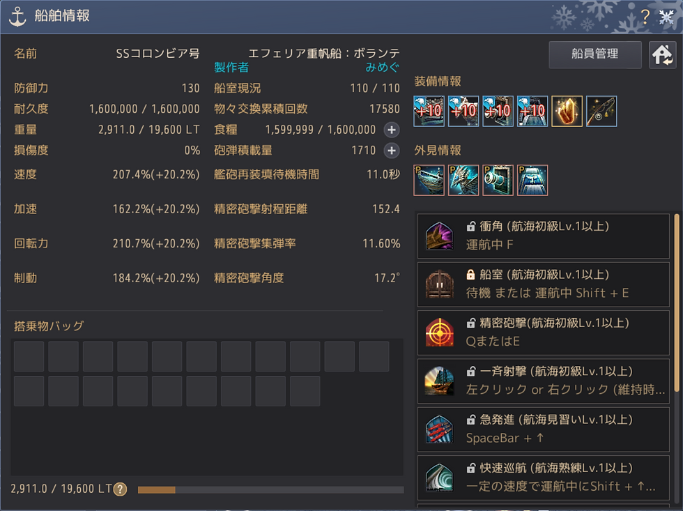 ２０２６年１月現在の私の船の能力