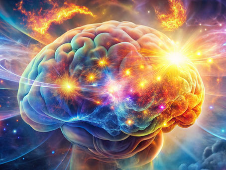 Artistic image of a human brain with neural flashes, glowing lights, and radiant patterns — symbolizing subconscious activity, collective memory, and the emotional power of scent.