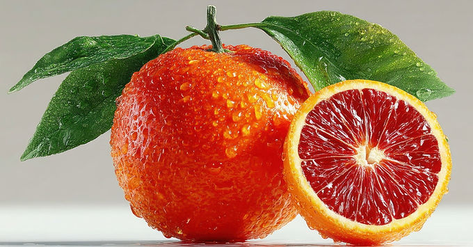 Whole and halved blood oranges on a table with water droplets