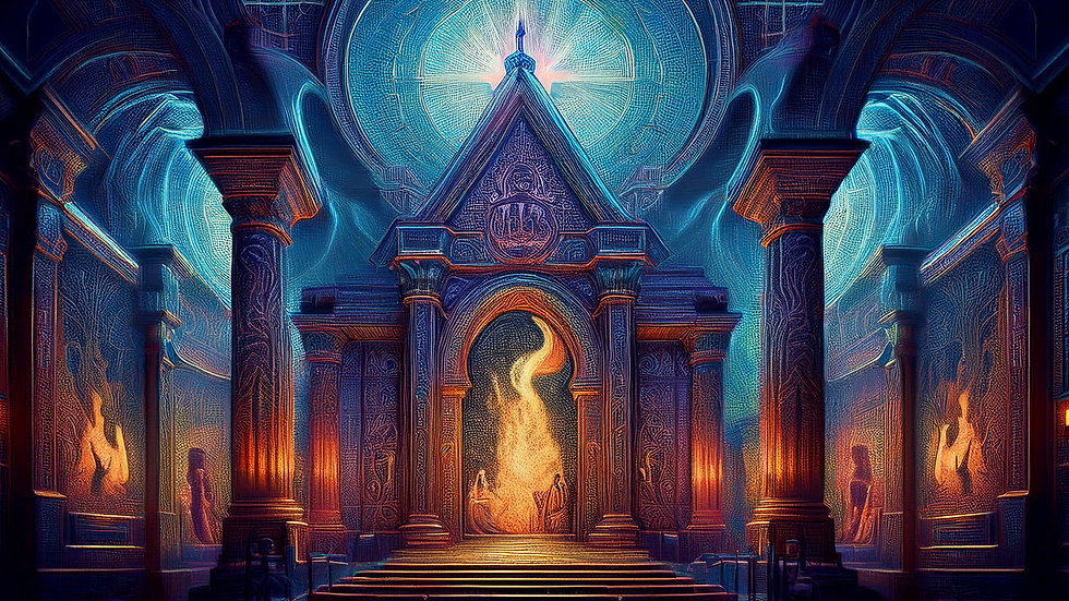 A sacred inner chamber where fire rises — evoking the path of Levi, the tribe that belongs not to itself but to divine service.