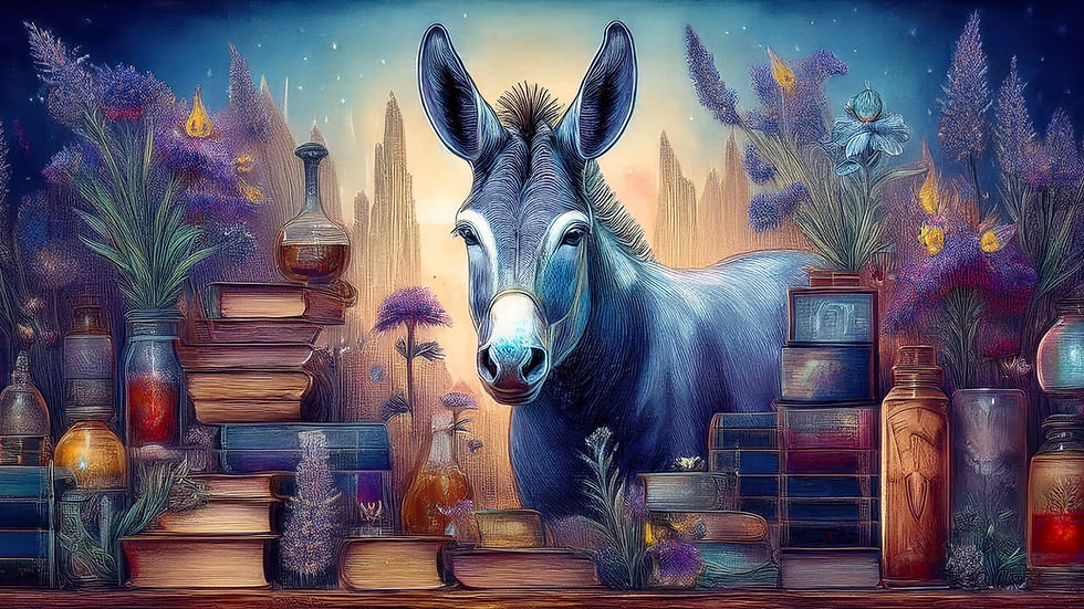 Donkey surrounded by scrolls, books, flowers, and vessels — symbolizing the tribe of Issachar, who carries wisdom with devotion and senses the law through the heart.