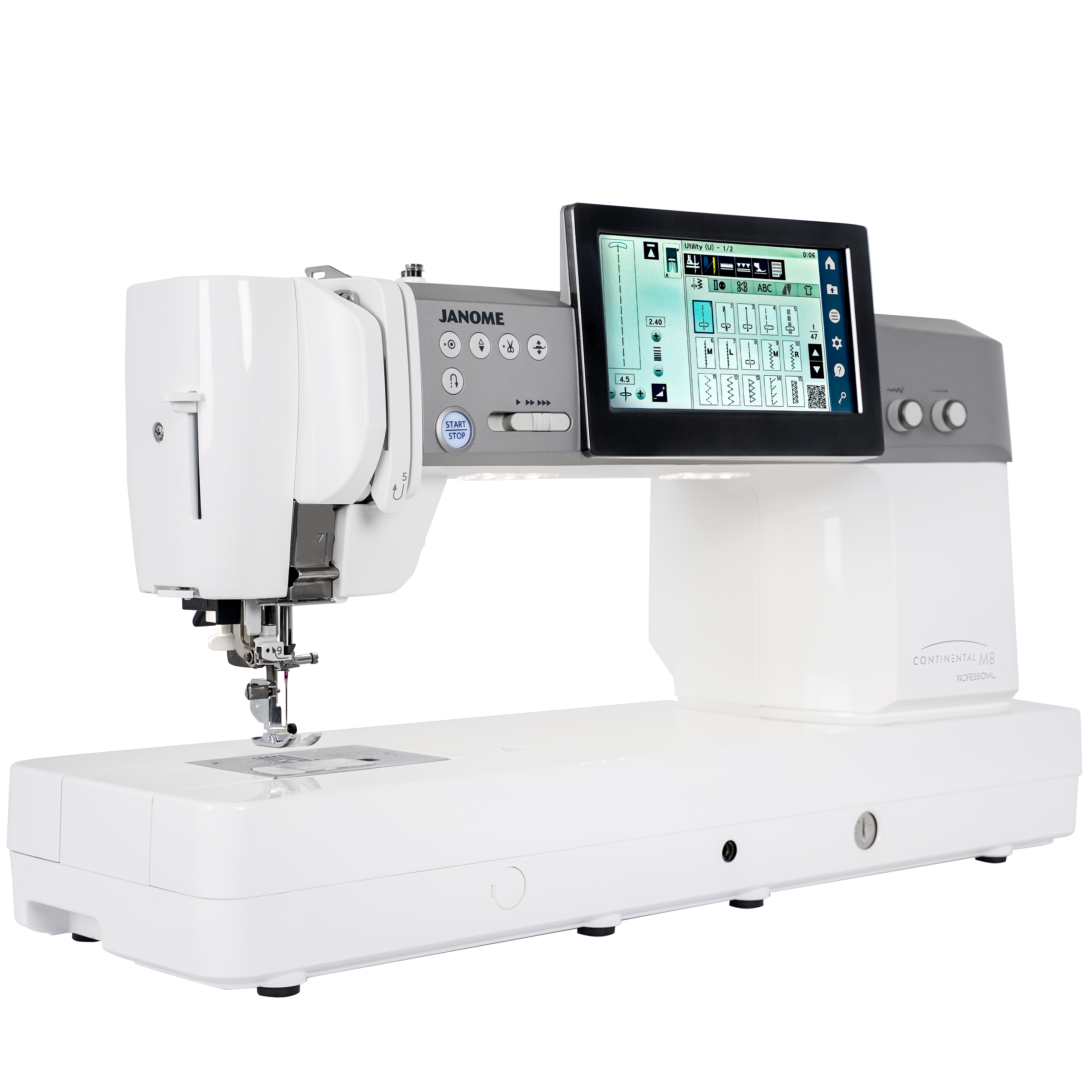 Front angled view of the Janome Continental M8 Professional sewing machine
