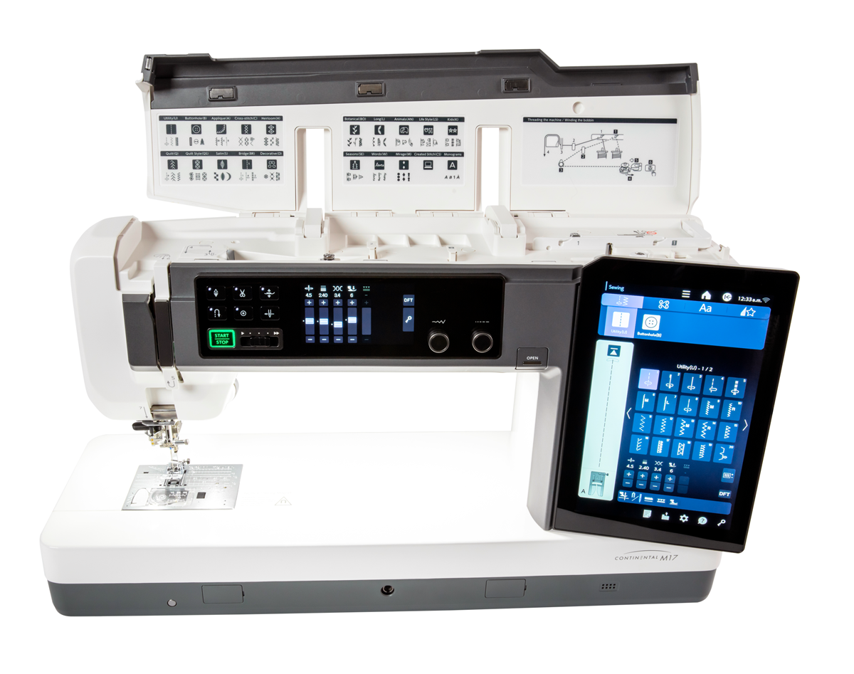 Janome Continental M17 self-opening top cover and built-in accessory storage