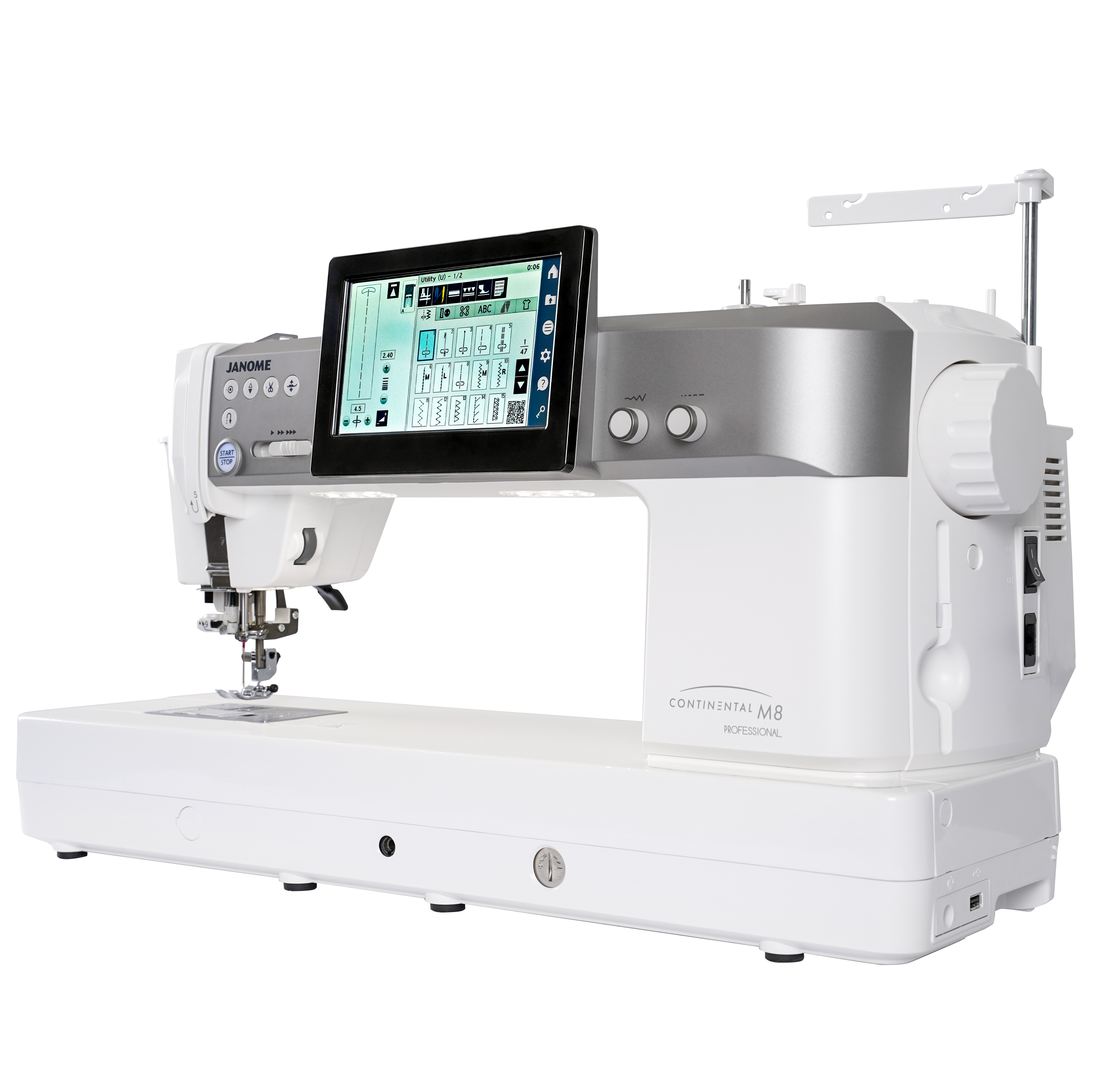 Angled view of the Janome Continental M8 Professional showing its large sewing workspace