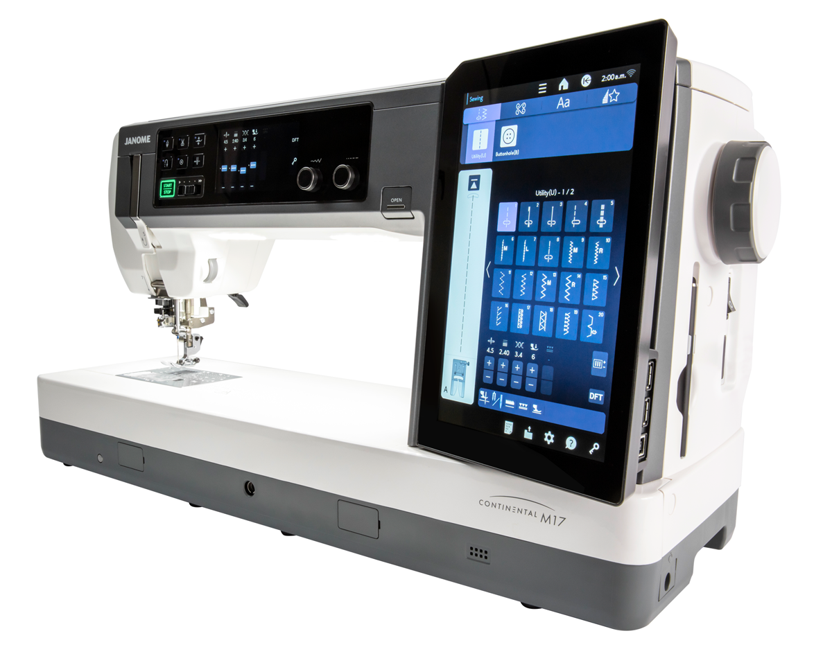 Angled view of the Janome Continental M17 Professional and dual touchscreens