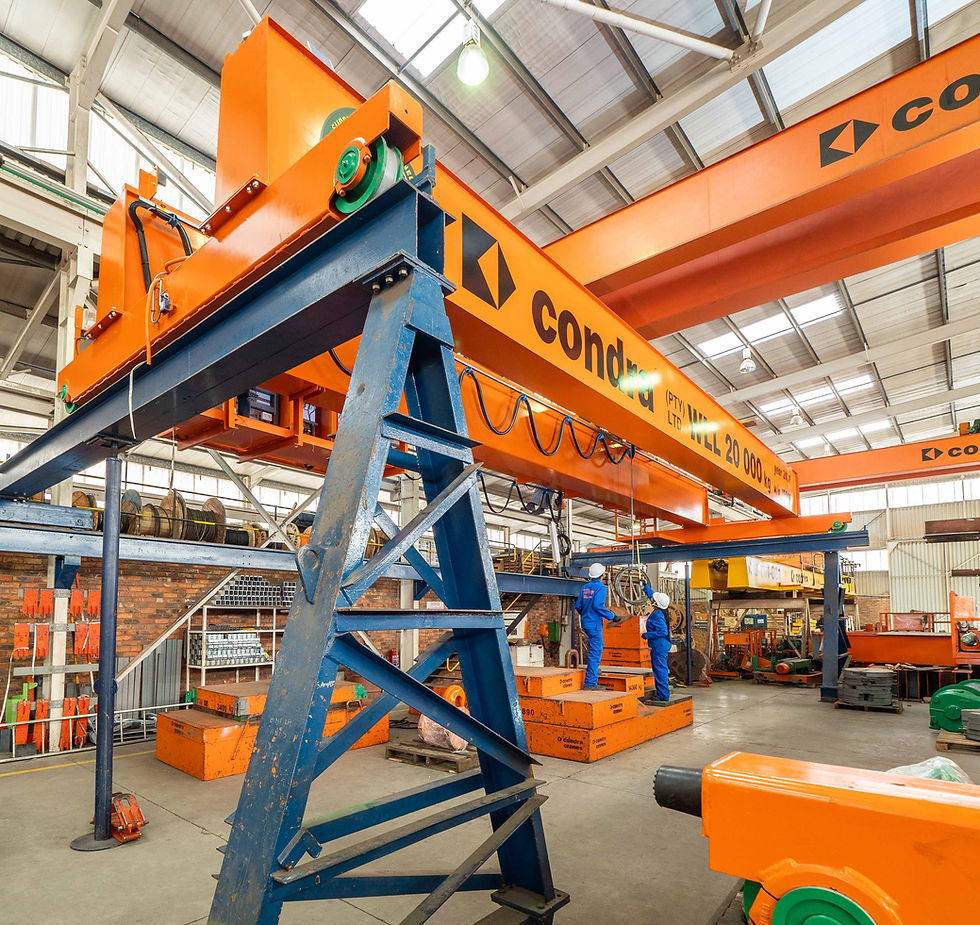 Double girder overhead crane installed at sugar mill handling industrial materials in KwaZulu-Natal