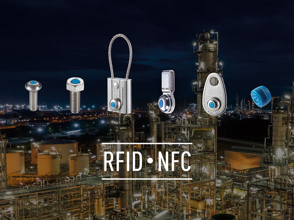Technician scanning YOKE lifting equipment RFID tag using a smartphone for inspection and traceability data