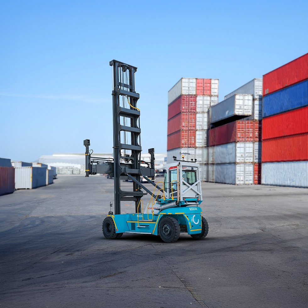 Konecranes E-ACE electric empty container handler operating in a modern port terminal with stacked shipping containers