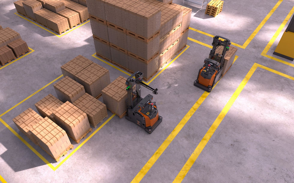 Toyota Swarm Automation Transport AGV system operating in a modern warehouse environment