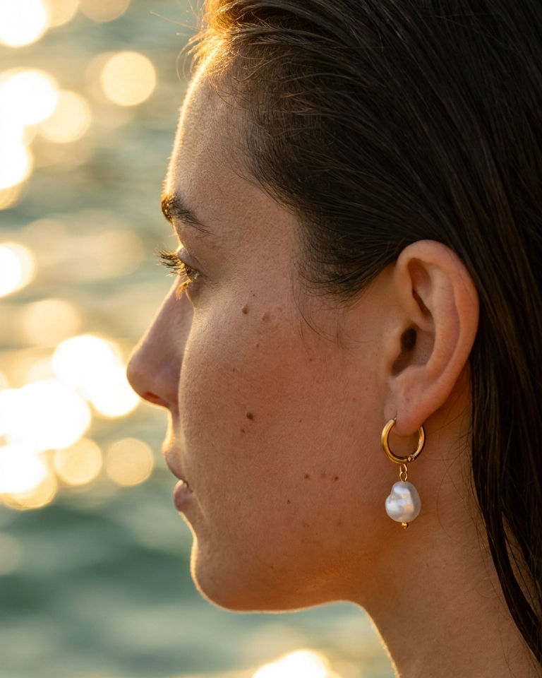 Clarity Natural Baroque Freshwater Pearl Drop Hoop Earrings (Gold)