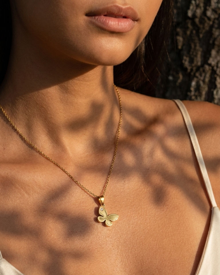 Serene Butterfly Pendant Necklace with Natural Zircon Delicate (Gold)