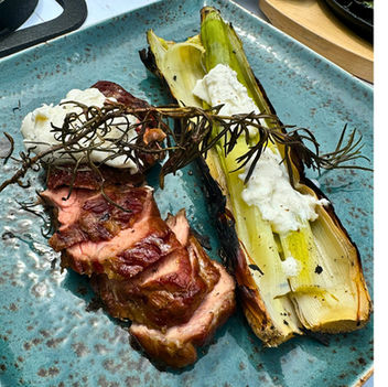 BBQ lamb neck with leeks and burrata