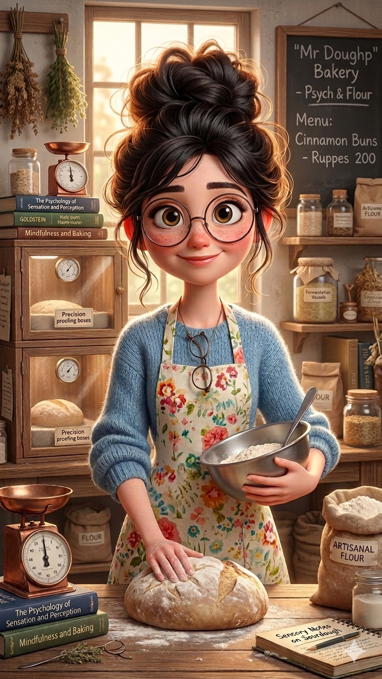 Cartoon woman kneading dough in Mr. Dough's Bakery.
