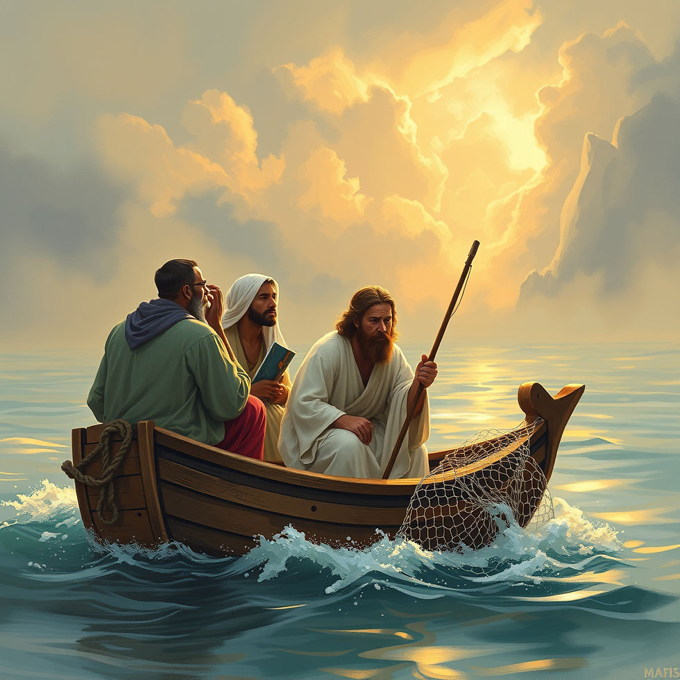 jesus on boat telling disciples i will make you fishers of men with net