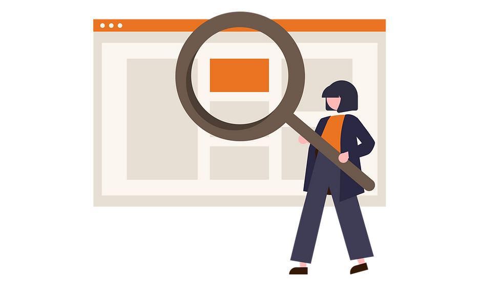 Person holding a magnifying glass over a webpage mockup, suggesting webpage inspection; orange header and beige layout.
