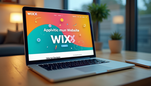Eye-level view of a laptop showing a colourful Wix website design