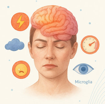 Illustration of a woman with multiple sclerosis with eyes closed and a glowing red-orange area over her brain, symbolizing neuroinflammation. Surrounding her are visual icons representing symptoms: a lightning bolt (pain), a cloud (brain fog), a gauge (pressure or fatigue), a sad face (mood changes), and an eye (vision issues). The background is clean and minimal with soft blue dots and wave lines, conveying a medical yet calm aesthetic.