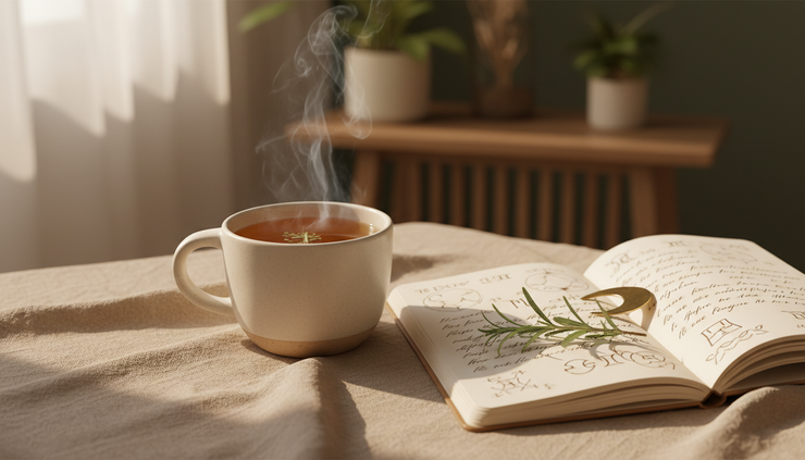 Close-up view of a ceramic cup beside a handwritten astrology notebook