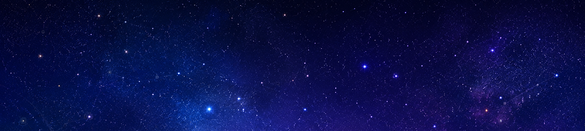 Wide celestial banner featuring a purple and blue star-filled sky with soft nebula clouds and faint constellation patterns.
