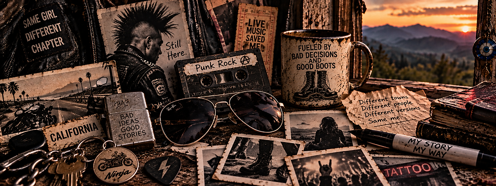 Gritty Gen X collage with a punk rocker sporting a tall Mohawk, Ray-Ban-style aviators, a Punk Rock cassette, Ninja motorcycle keychain, Doc Martens-style boots, California road memories, an evil eye, and handwritten notes against a Western North Carolina mountain sunset.