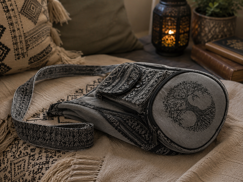Gray boho shoulder bag with a tree of life design resting on a cozy couch.