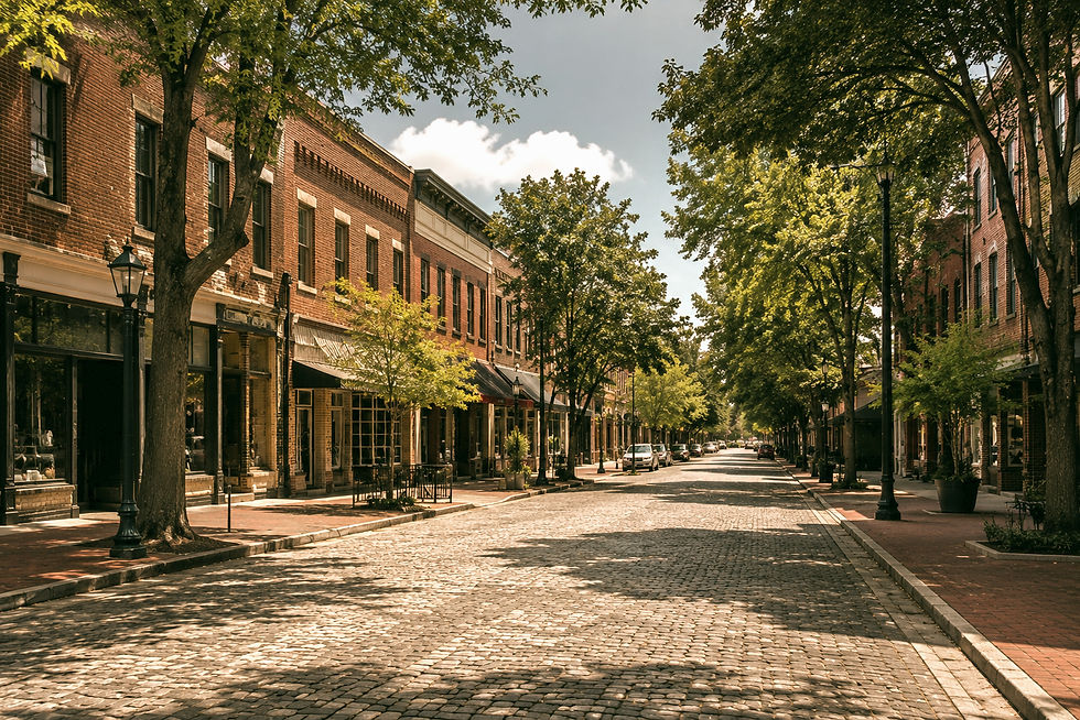 Historic downtown street with brick storefronts, cobblestone road, and leafy trees, representing the welcoming atmosphere of Raleigh, North Carolina.