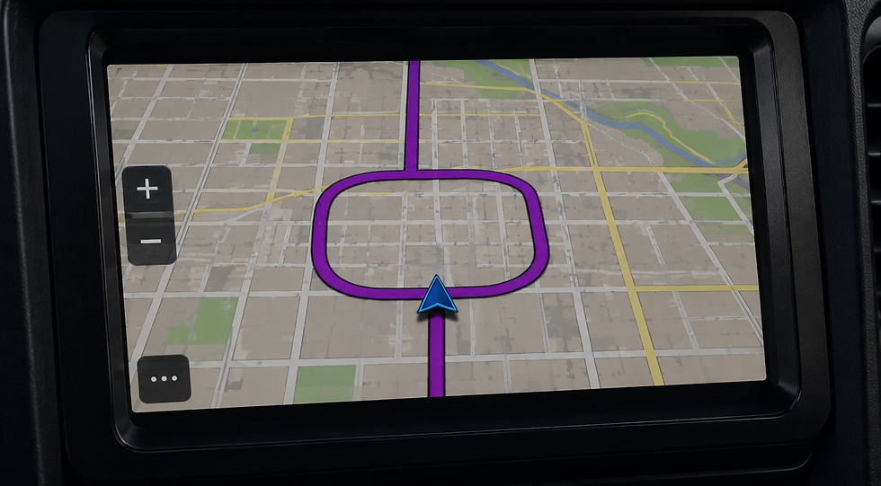 Jeep GPS navigation displaying a looping route through downtown streets, representing an outdated map and repeated wrong turns.