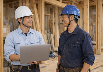 建設現場でノートパソコンを見る二人の日本人男性。木製の構造と笑顔で話し合う様子。