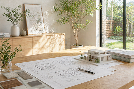 明るい室内の木製テーブルに広げられた住宅の設計図と建築模型