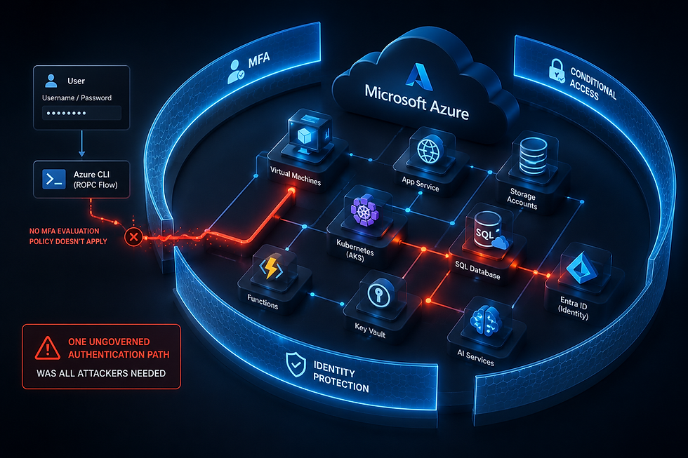 Illustration of Microsoft Entra ID cloud infrastructure with a highlighted authentication path representing an identity security gap.