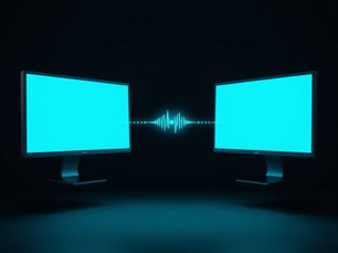 Two monitors with blue screens face each other, connected by a glowing soundwave on a dark background, creating a tech theme.