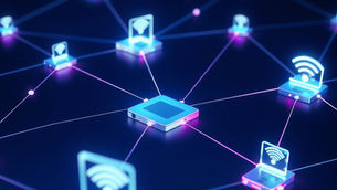 Glowing neon network with interconnected nodes and Wi-Fi symbols on a dark background, creating a futuristic and tech-oriented vibe.