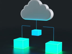 A 3D cloud icon connects to three glowing neon blue cubes on a dark background, symbolizing cloud networking or storage.