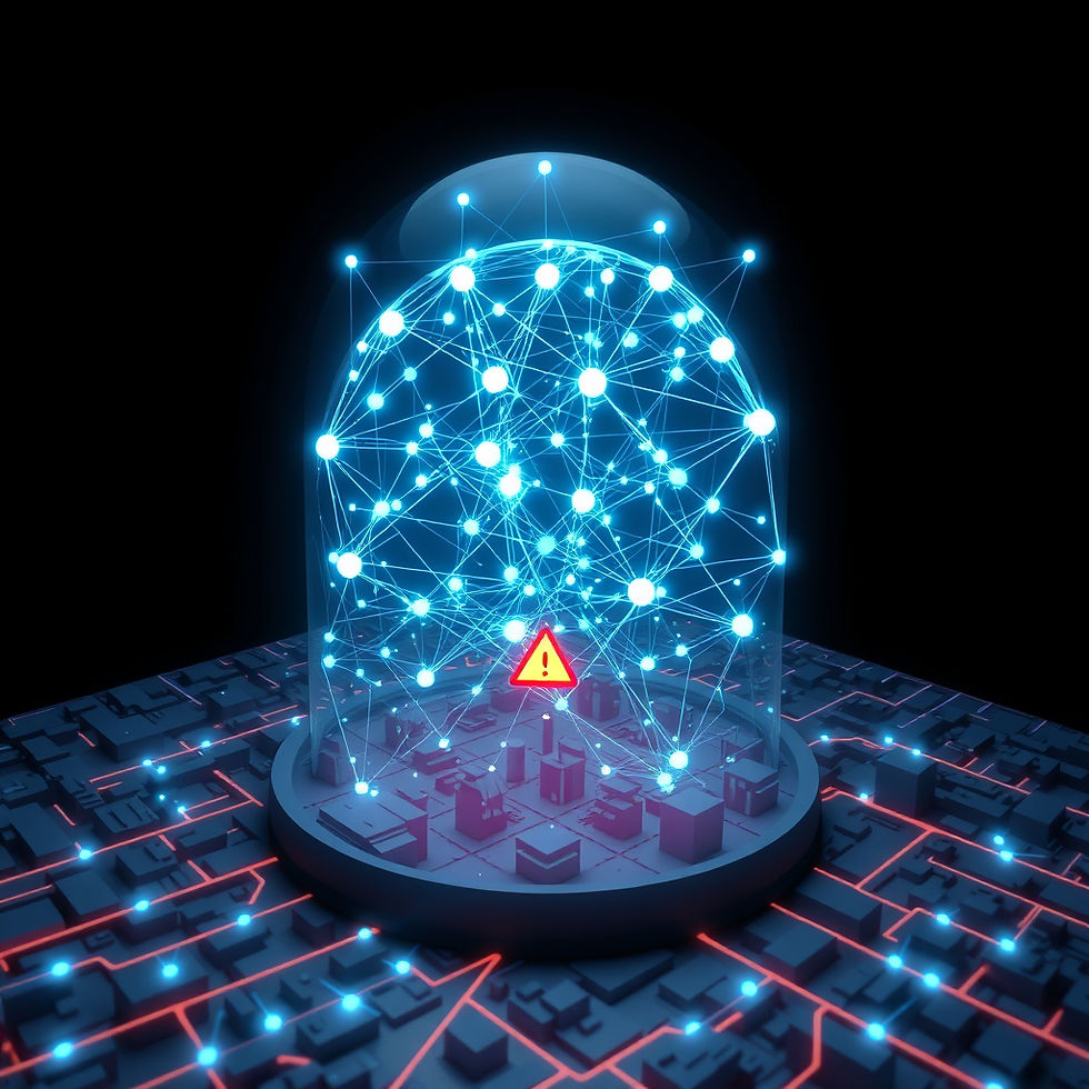 Glowing blue data network dome over a circuit board, with a red warning triangle at the center on a dark background.