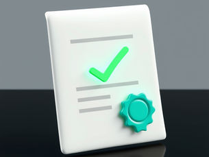 White document icon with green checkmark and teal seal on a gray background, suggesting approval or certification