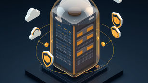 Isometric server tower under a glass dome, surrounded by clouds and shield icons on a dark background, suggesting cloud security
