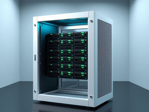 White server cabinet with glowing green LED drives in a minimalist room, cool blue lighting and a polished floor.