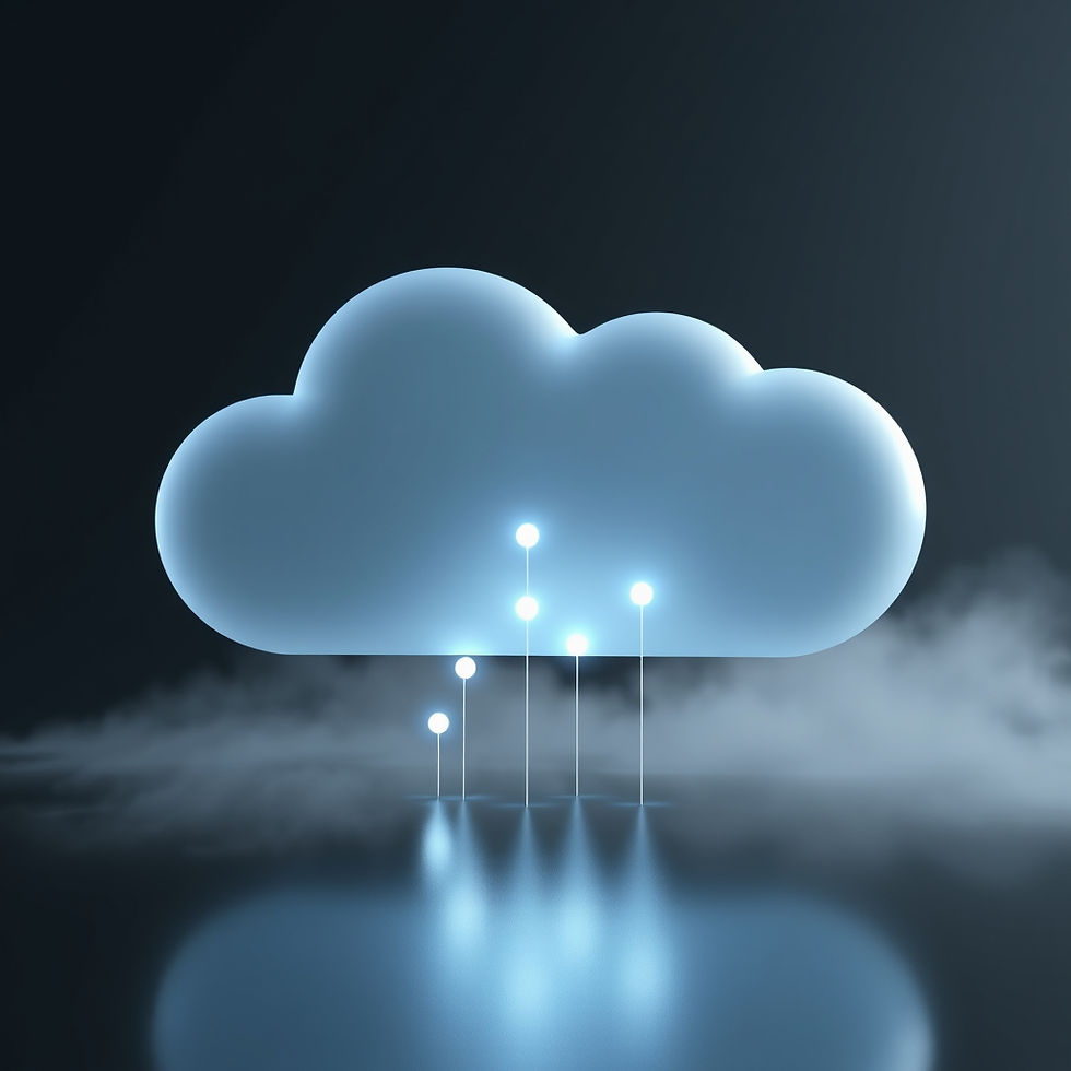 3D blue cloud icon emits glowing nodes, over a dark reflective surface with mist. Modern, tech-inspired atmosphere.