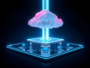 Neon-lit cloud hovers over computers on a glowing platform, emitting vibrant pink and blue light against a dark background. Futuristic tech scene.