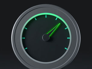 A round gauge with green glowing markings and needle on a dark background, indicating a measurement. Mood is high-tech and focused.