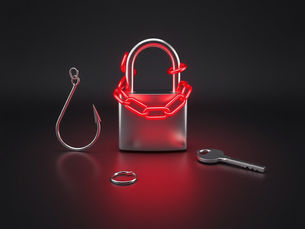 A metal padlock with glowing red chains, silver key, hook, and ring on a dark background, creating a secure and mysterious mood.