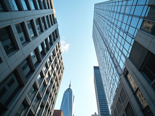 Looking up at three skyscrapers with glass and concrete facades under a clear blue sky, creating a sense of soaring height and openness.