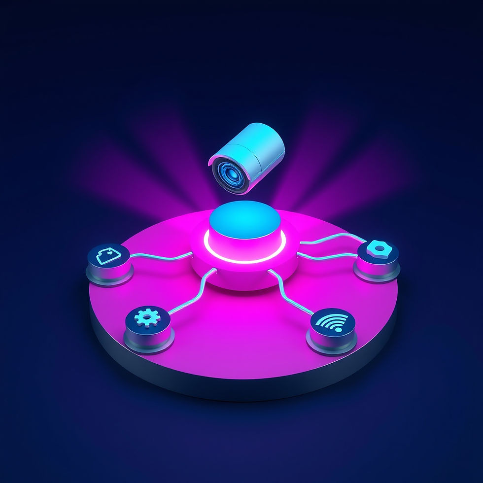 Futuristic network hub with icons connected on a neon pink and blue platform. A hovering camera emits purple light in a dark setting.