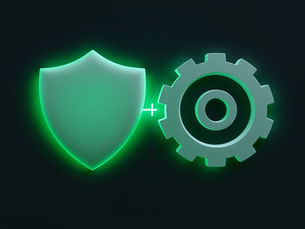 Neon green shield and gear icons with a plus sign on a dark background, suggesting security and settings integration