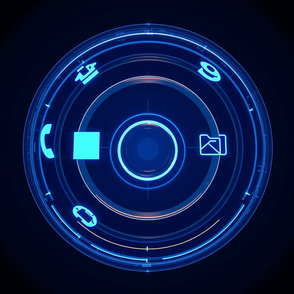 Futuristic blue circular interface with icons like phone and image, set against a dark background, emitting a glowing, high-tech vibe.